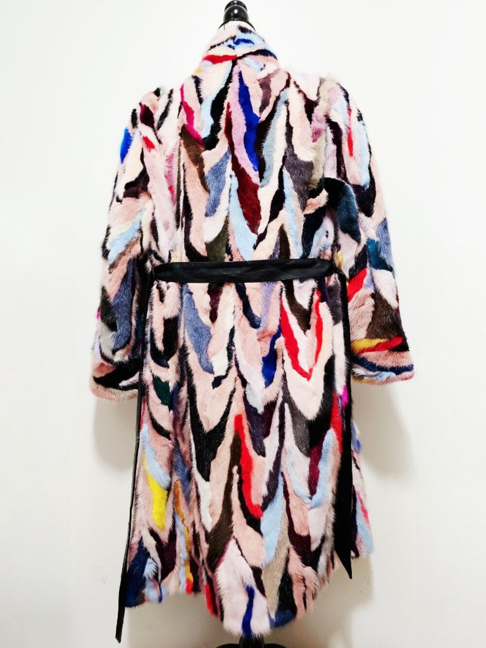 NewReal Mink Fur OverCoat Striped Mosaic Pieced Belted Red Pink Blue White NoFox - Picture 5 of 6